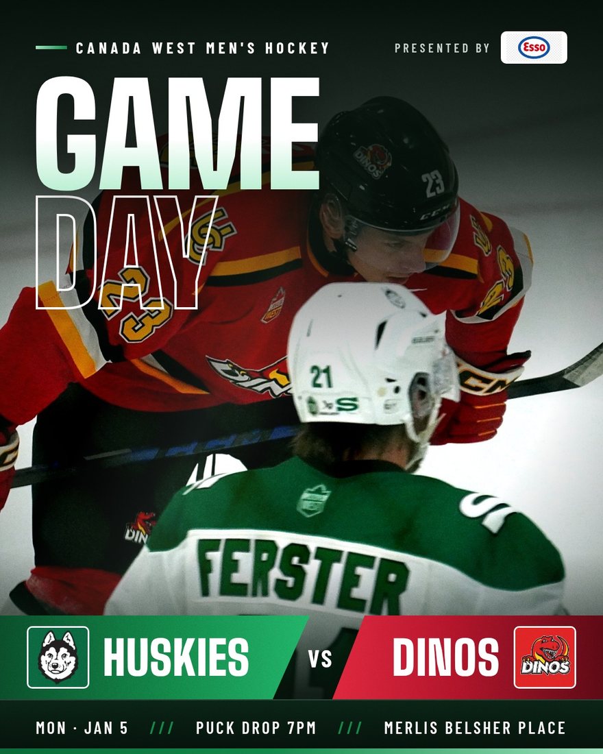 Game day graphic: Huskies vs Dinos, puck drop 7pm at Merlis Belsher Place